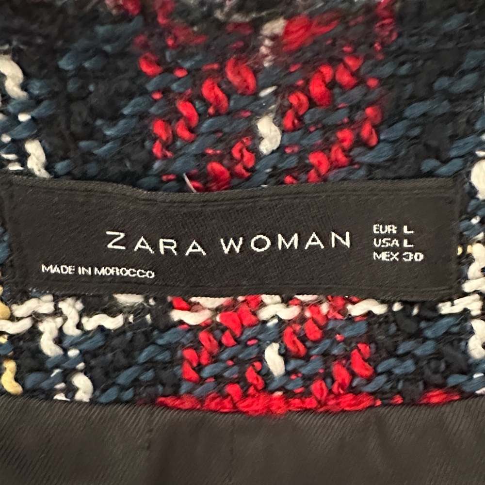 Zara Navy Black Red Plaid Bouckle Tweed Pearl Beaded Trim Blazer Jacket Size L❤️ - Picture 11 of 15